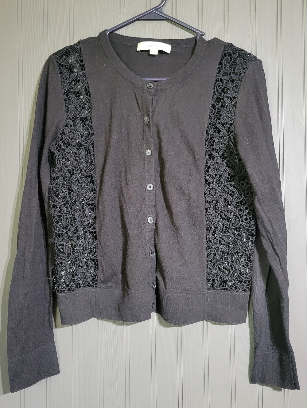 Loft Button Down Cardigan Sweater Lace Panel Detail Black Women's Medium